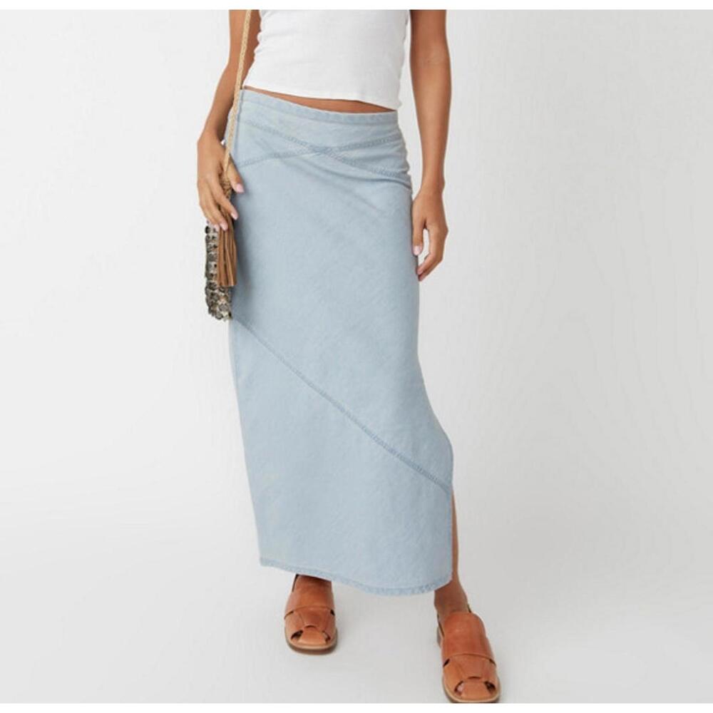 Free People - Light Blue Denim Maxi Skirt with Side Slit, Size 6